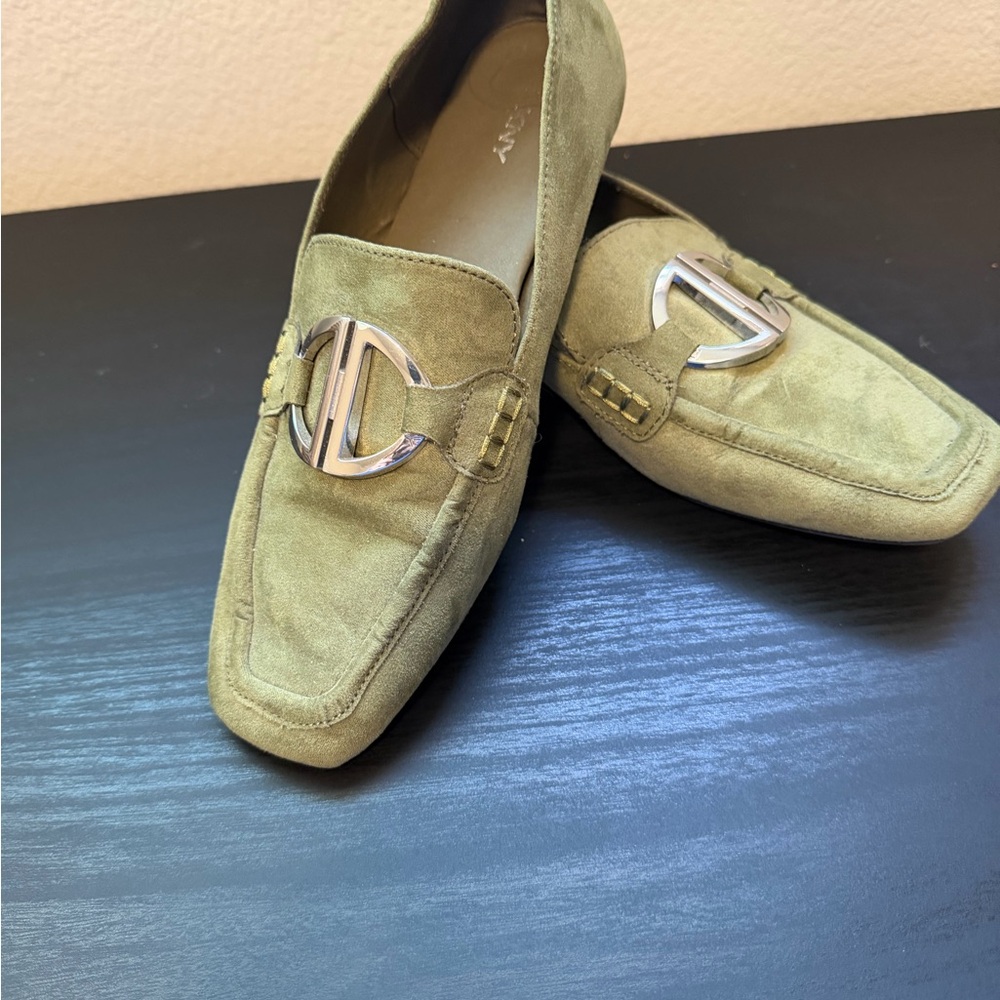 DKNY Olive Suede Loafers with Silver Accent